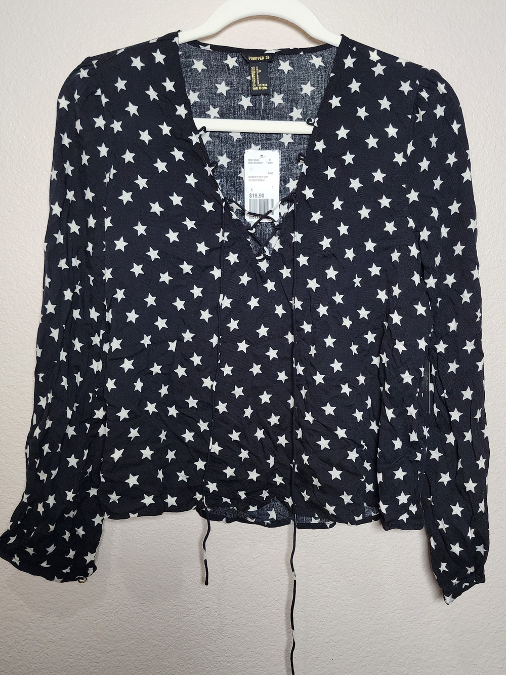 Forever 21 Black Star-Print V-Neck Long Sleeve Blouse Lace Up Front